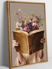 Framed Vintage Reading Woman Wall Art Floral Book Painting Picture Canvas Wal...