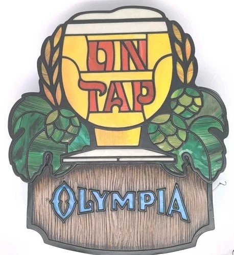 Vintage 1969 OLYMPIA "Beer On Tap" Lighted Wall Sign Bar Back Faux Stained Glass