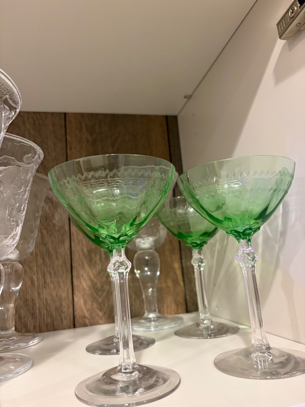 Vintage Fostoria "Versailles" Green Etched Champagne Coupe Set of 4