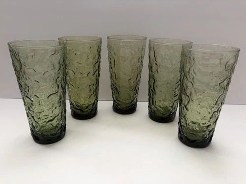 5 Vintage Anchor Hocking Lido Milano 12 oz. Avocado Green Flat Tumblers Glasses