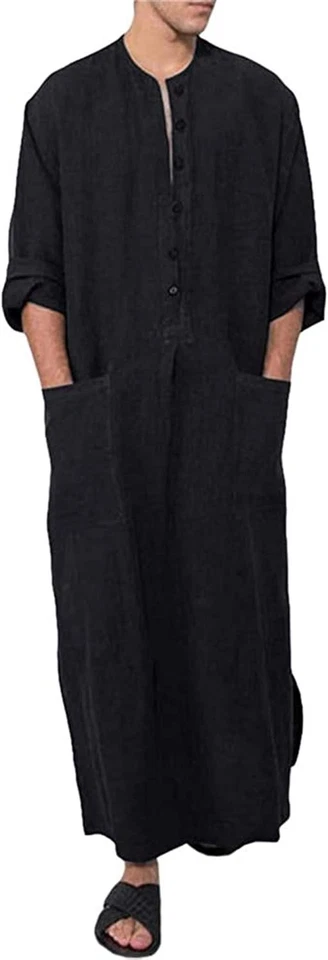 Bata de caftán con botones de algodón para hombre - Vestido de tobo manga larga - Camisa de playa informal Foto 3 de 4