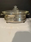 Pyrex 1.5qt Vintage Oval Glass Casserole Dish Etched Silver Plated Footed Holder