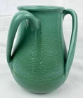 Vintage 1930's Fulper Stangl three handle twisted pottery vase glazed green 7"