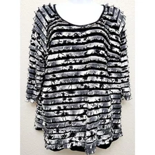 I.N. Studio Woman Black White Floral Pleats Ruffle Top 2X Plus Lightweight Lined