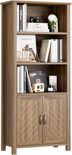 Farmhouse Bookshelf Tall Modern 5-Tiers Storage Bookcase Adjustable Shelves - Picture 9 of 9