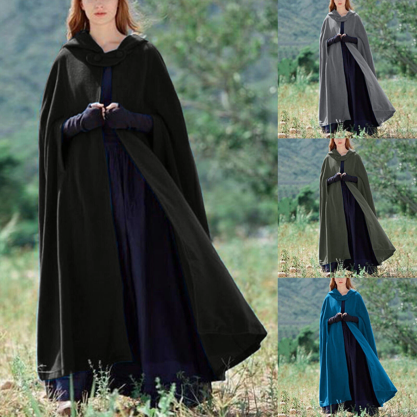 Women's Wool Blend Hooded Button Cape Poncho Maxi Cloak Coat Winter Coat Elegant