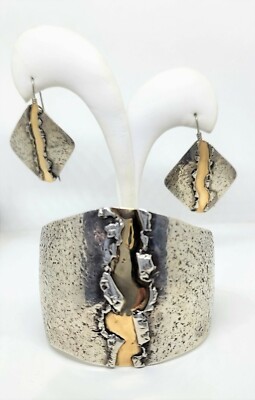 Richard Lindsay Designs Sterling & 24K Gold Matching Cuff Bracelet Earrings Set
