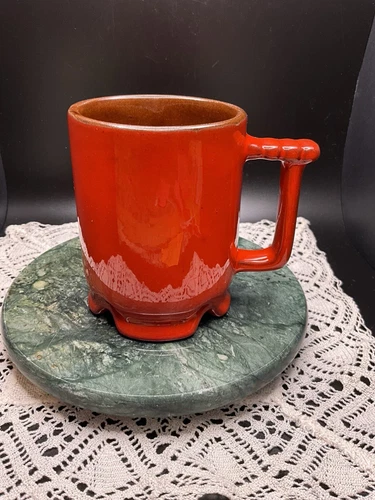 Vtg FRANKOMA Pottery Red Orange Flame- Heavy Red Clay Footed Mug-10 ounce
