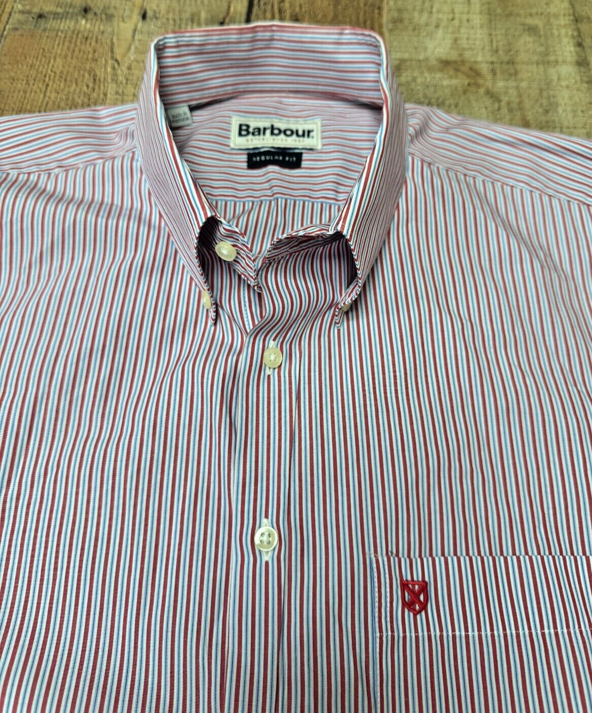 Barbour Button Down Shirt Men Size M Red Striped Cotton Regular Fit Long Sleeves-image