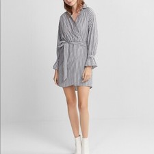 Express Striped Poplin Tie Waist Wrap Dress, Medium New With Tags
