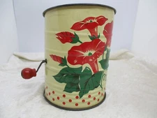 Vintage Metal Flour Sifter w/ Red Knob - Hard to Find  Red-Morning Glory Design