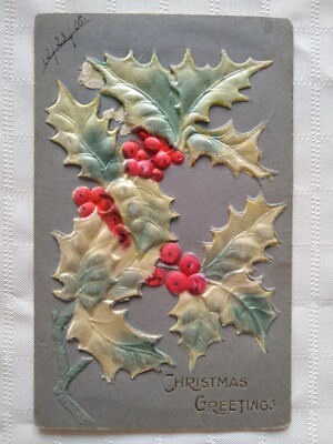 Silk Postcard Xmas Holly Berry Embossed 1908 Posted to E.K. Hilton Am News Co