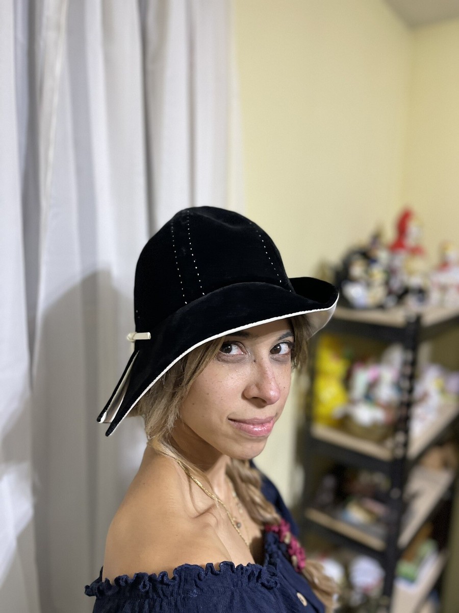VINTAGE MR.JOHN HAT CLOCHE BUCKET HAT BLACK VELVET /WHITE  display picture 3