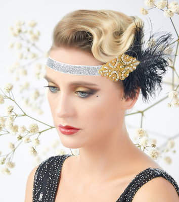 1920s Flapper Headband Gold Silver Rhinestones Black Feather  display picture 2