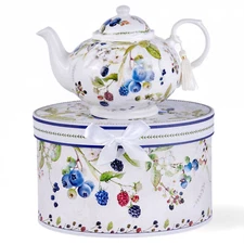 STPGOODS 1-qt Wild Berries Bone China Teapot in Gift Box Porcelain Tea Pot