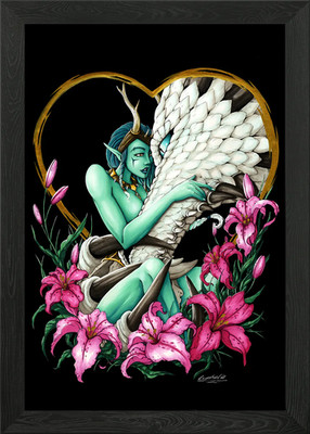 Silberner Drache und Elfe Umarmung - Sek gerahmtes Wandbild Poster Leinwanddruck Bild