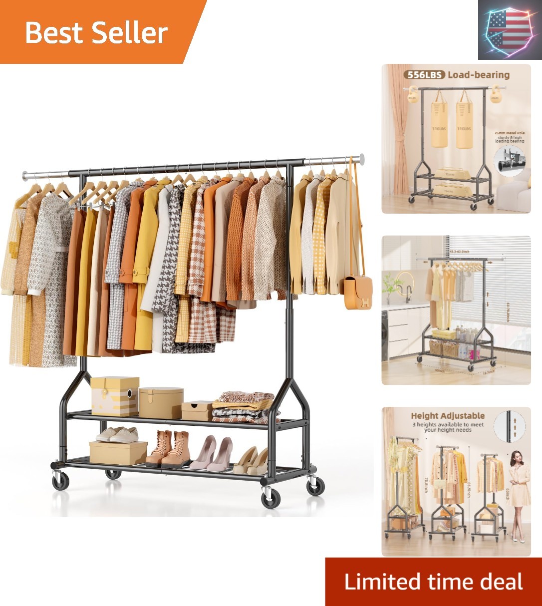 Heavy-Duty Rolling Clothes Rack with Dual Shelves, 556LBS Capacity & Adjustable Height-image