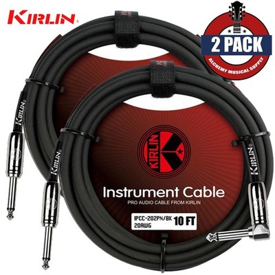 2-PACK Kirlin 10FT 1/4'' Straight-Right Angle 20AWG Instrument Cable Black 