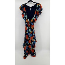 Free People Floral Print Ruffle Wrap Maxi Dress Navy Blue Orange Blue Green M