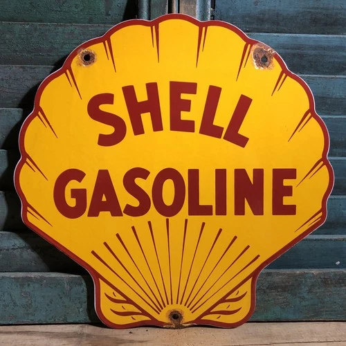 VINTAGE SHELL GASOLINE MOTOR OIL CLAM PORCELAIN SIGN GAS PUMP