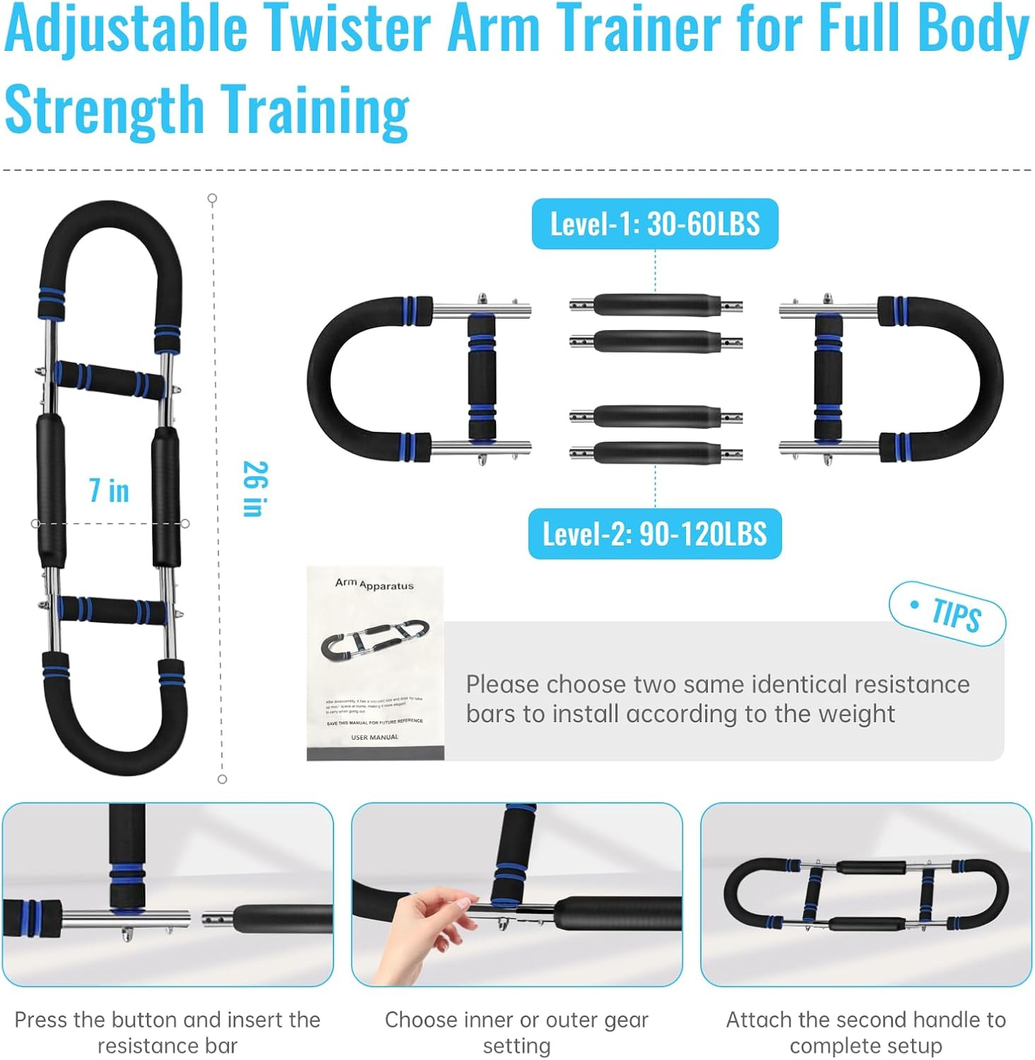 Entrenador de Brazos Twister Resistencia Ajustable 30-120Lbs Equipo de Entrenamiento de Pecho Salto