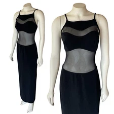 Michi by Boule de Neige 90s Vintage Minimal Maxi Black Sheer Mesh Panels Dress