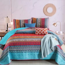 WONGS BEDDING Bohemian Quilt Set King Size, Boho Striped Printed Quilts Bedsp...