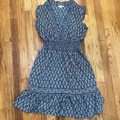 Max Studio Dress Womens Medium Blue Yellow Floral Smocked Waist Ruffle