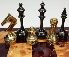 Brass Metal Gold & Black Chrome Modern Slim Staunton Chess Men Set - NO Board