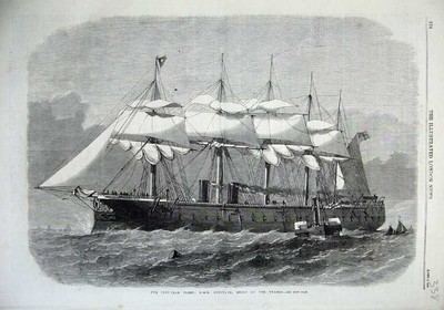 Alter antiker Druck 1865 eisernes Flottenschiff H.M.S Minotaurus Themse 19.
