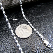3MM Wide Solid 925 Sterling Silver Italian Oval Rice Bead DOG TAG Chain Necklace