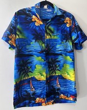 Hawaiian Shirt Teens/Boys Size Large Blue Black Tropical Casual Button Front