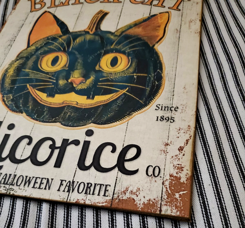 OLD GOTHIC FOLK PRIMITIVE VINTAGE STYLE HALLOWEEN BLACK CAT LICORICE CANDY SIGN - Picture 8 of 10