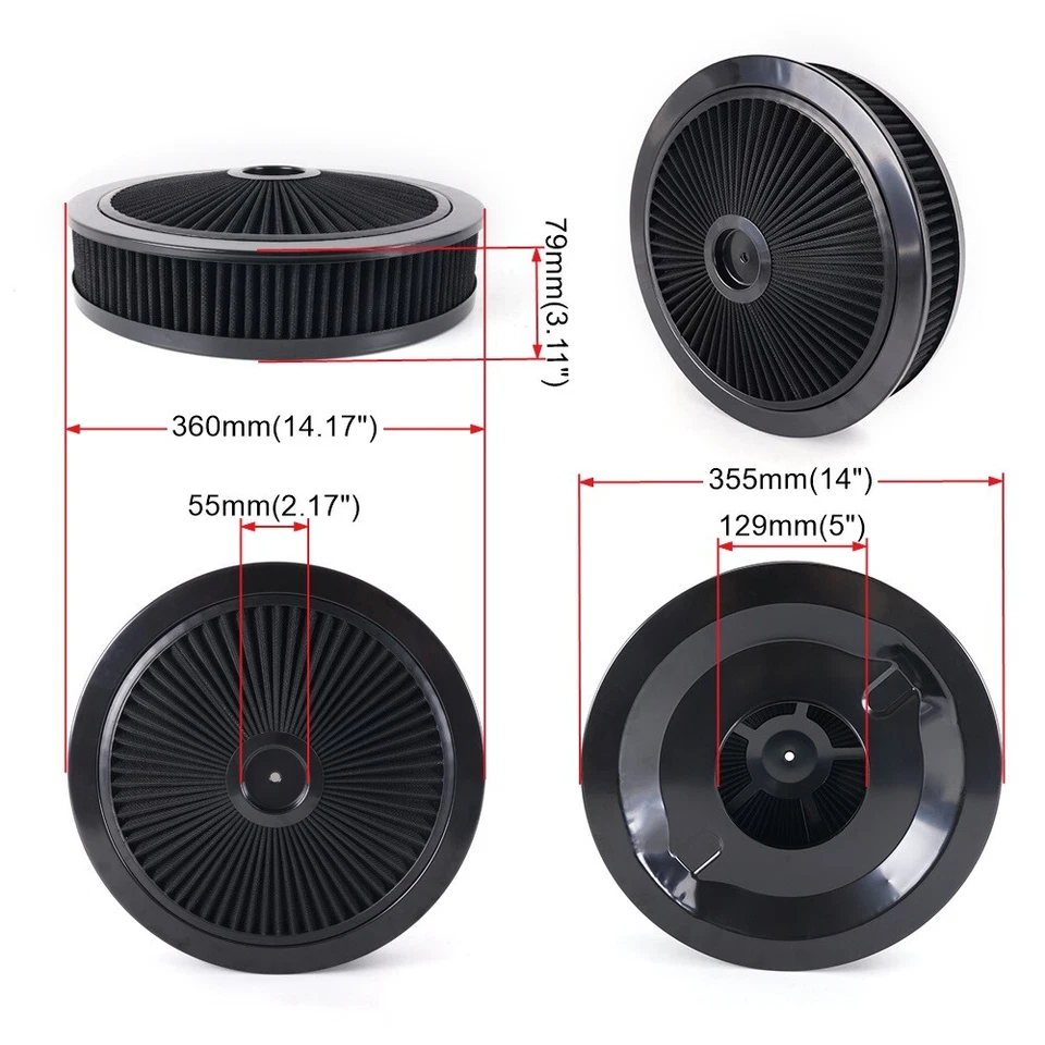 High Flow 14"x3" Black Round Thru Washable Air Cleaner w/ Chrome Lid For SBC BBC - Image 3 of 4