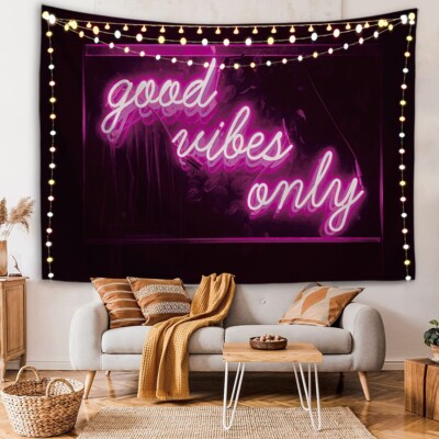 Cute Pink Tapestry Good Vibes Only Neon Sign Aesthetic Wall Dorm Room Decor Y2K