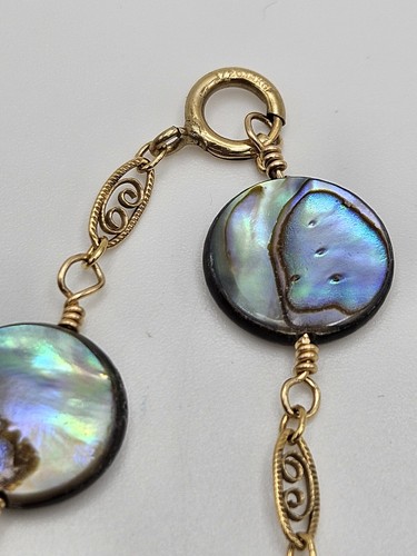 Handcrafted Abalone Bead Gold Tone Scroll Link Dainty Necklace - Picture 7 of 12