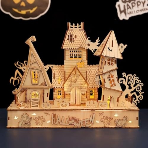 3D Wooden Puzzles Halloween House Kits With Light Strip - Picture 2 of 9
