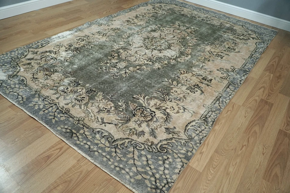 BOHO DECOR RUG, Olive Wool Rug, Vintage Turkish Rug Carpet, 5.97x9.38 ft. H-2171 - Image 3 of 4