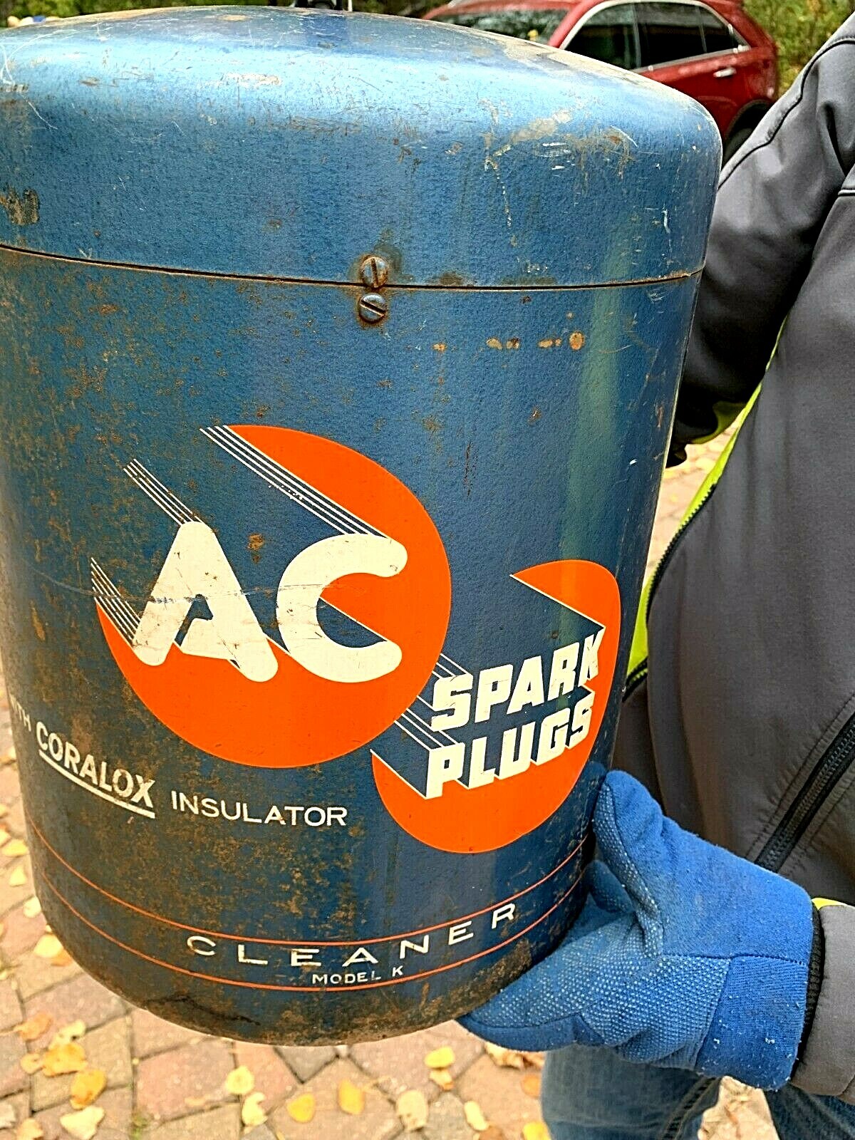 Vintage Metal AC Spark Plug Outboard Motor Gas Oil Parts Washer W/ Sign