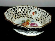 DRESDEN 6 1/4" Oval Reticulated BOWL with Colorful Flowers Design