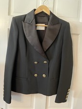 Pierre Balmain black satin lapel gold button double breasted tuxedo jacket sz 40