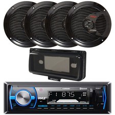 Pyle Single DIN Marine Bluetooth AM/FM Receiver w/ Cover, 4x 6.5" 150W Speakers