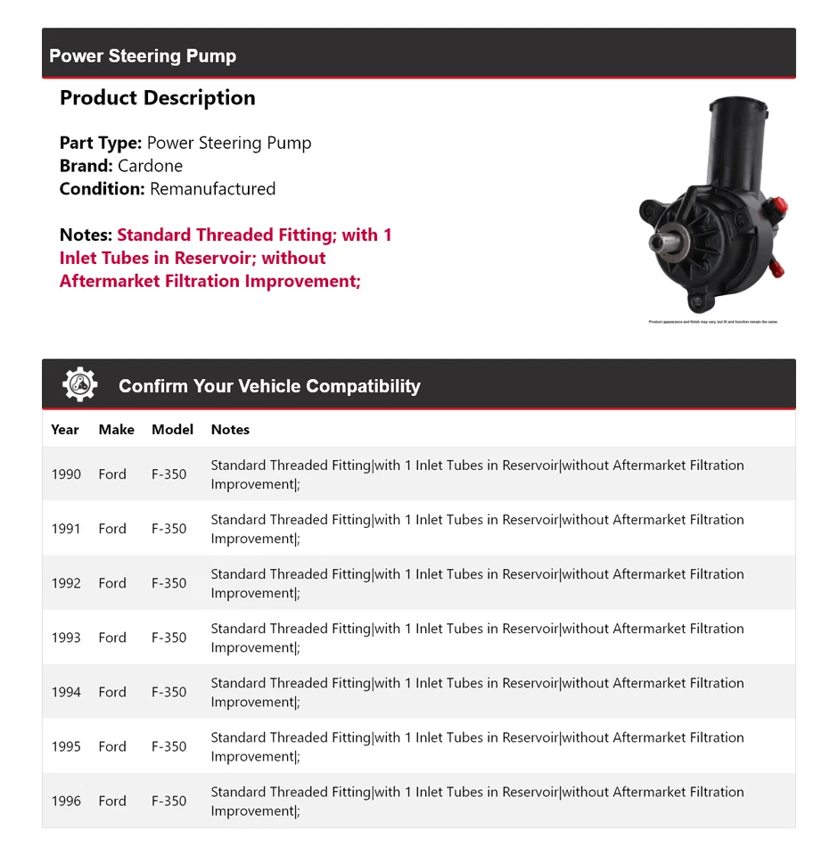 Bomba de dirección asistida Cardone para Ford F-350 1990-1996 1991 1992 1993 1994 1995 Foto 2 de 4