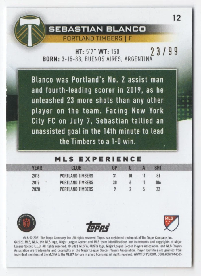2021 Topps MLS Blue Sebastian Blanco 23/99 Portland Timbers #12 R86 - Image 2 of 2