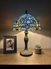 Tiffany Style Table Lamp Blue Stained Glass Dragonfly LED Bulb 12"W 12"D 19'H