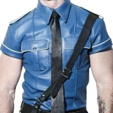 Men's Real Leather Police Shirt Gay Biker White Piping Blue Punk Kink Soft Feel
