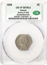 1939 Jefferson Nickel  CAC VF details Doubled Monticello DDR FS-801
