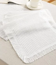 White Table Runner 14"x36" Waffle Weave Boho Rustic Fringe White 14x36inch