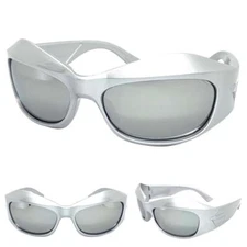 Oversized RETRO Sporty Wrap Party Raver SUN GLASSES Big Silver Frame Chorme Lens