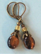 TIGER EYE oval frosted Crystal earring BRONZE handcrafted LEVERBACK XGE